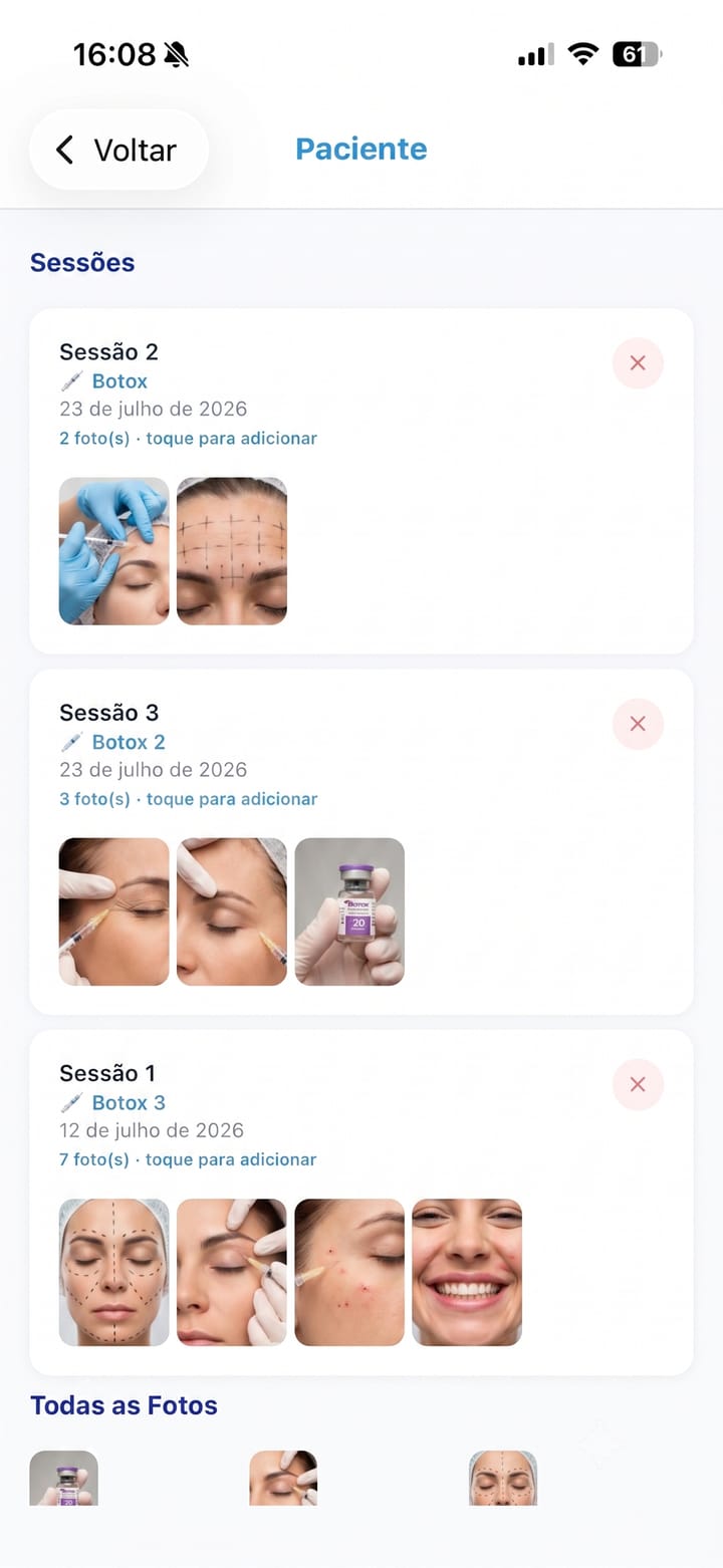Sessões e fotos do paciente